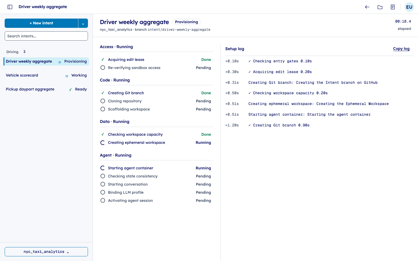 Studio provisions the driver weekly aggregate change on Microsoft Fabric, showing the workspace capacity check and isolated workspace creation.