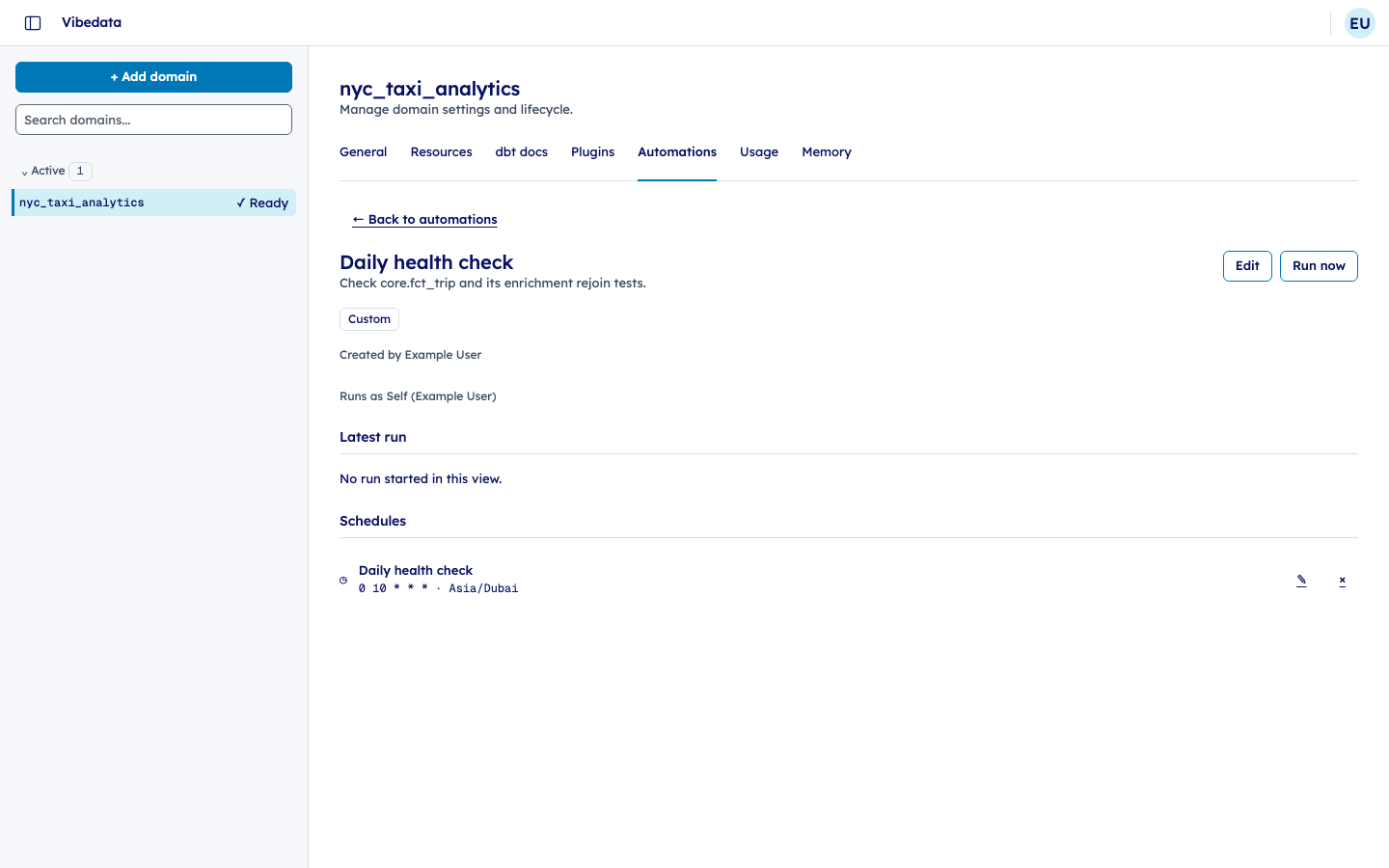 Vibedata Studio Domain automations with a daily health check scheduled at 10:00 GST.