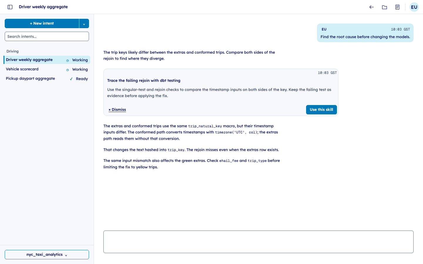 Vibedata Studio suggests a dbt testing skill to trace the timestamp mismatch behind a failed rejoin.