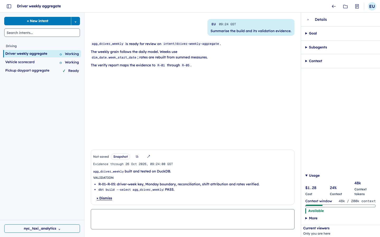 Build summary with Validation evidence for the driver weekly aggregate in Vibedata Studio.