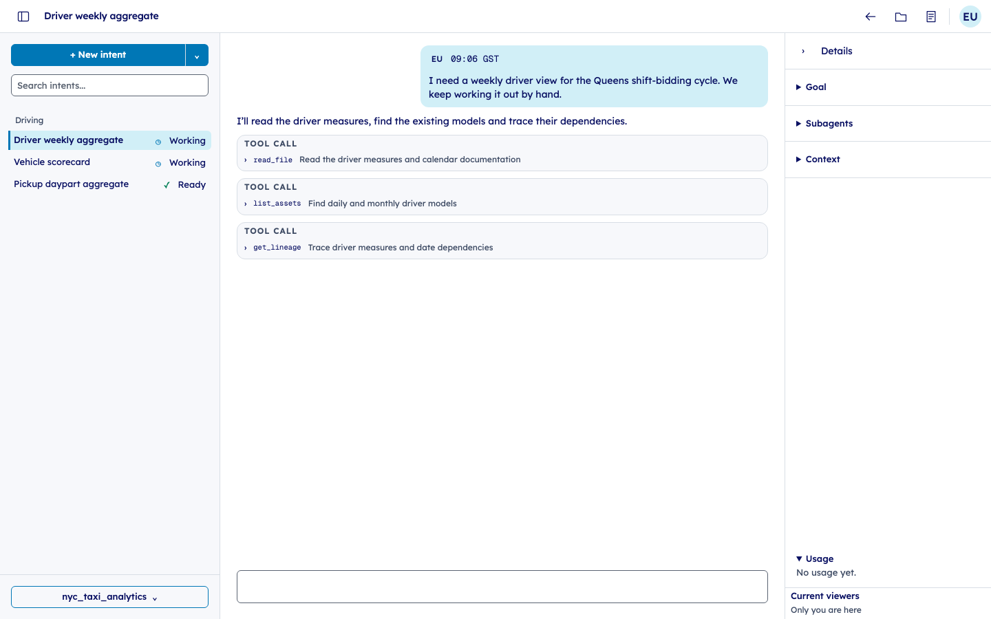 Studio explores a weekly driver view for the Queens shift-bidding cycle using documentation, model inventory and lineage tools.