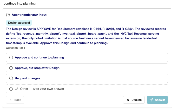 A design approval question waiting for a person's answer