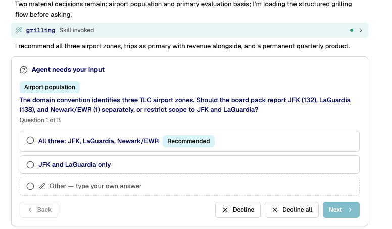 The agent asks which airport zones to include, grounded in the Domain's own zone convention